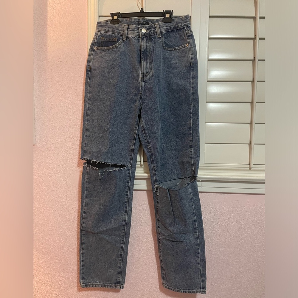 Dark wash denim mid rise straight leg jeans